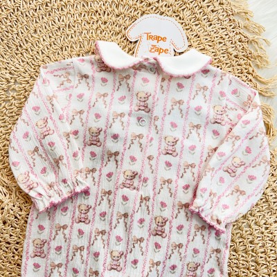 Macacão Anarruga com Gola Picueta - Ursinhas - Rosa e Off White